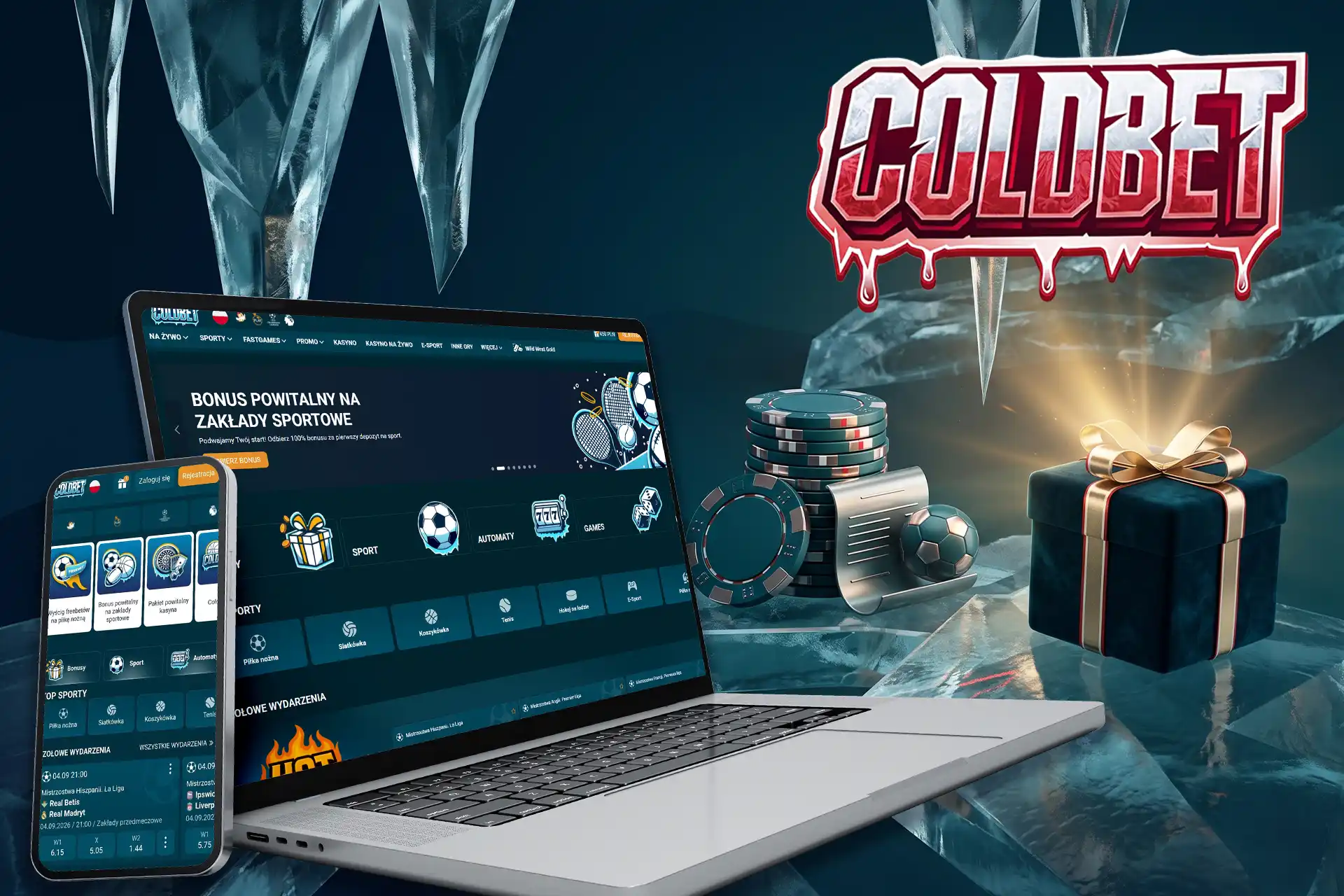 Platforma zakładów sportowych i kasyno online ColdBet w Polsce, widok interfejsu na laptopie i telefonie na tle lodowych sopli i żetonów