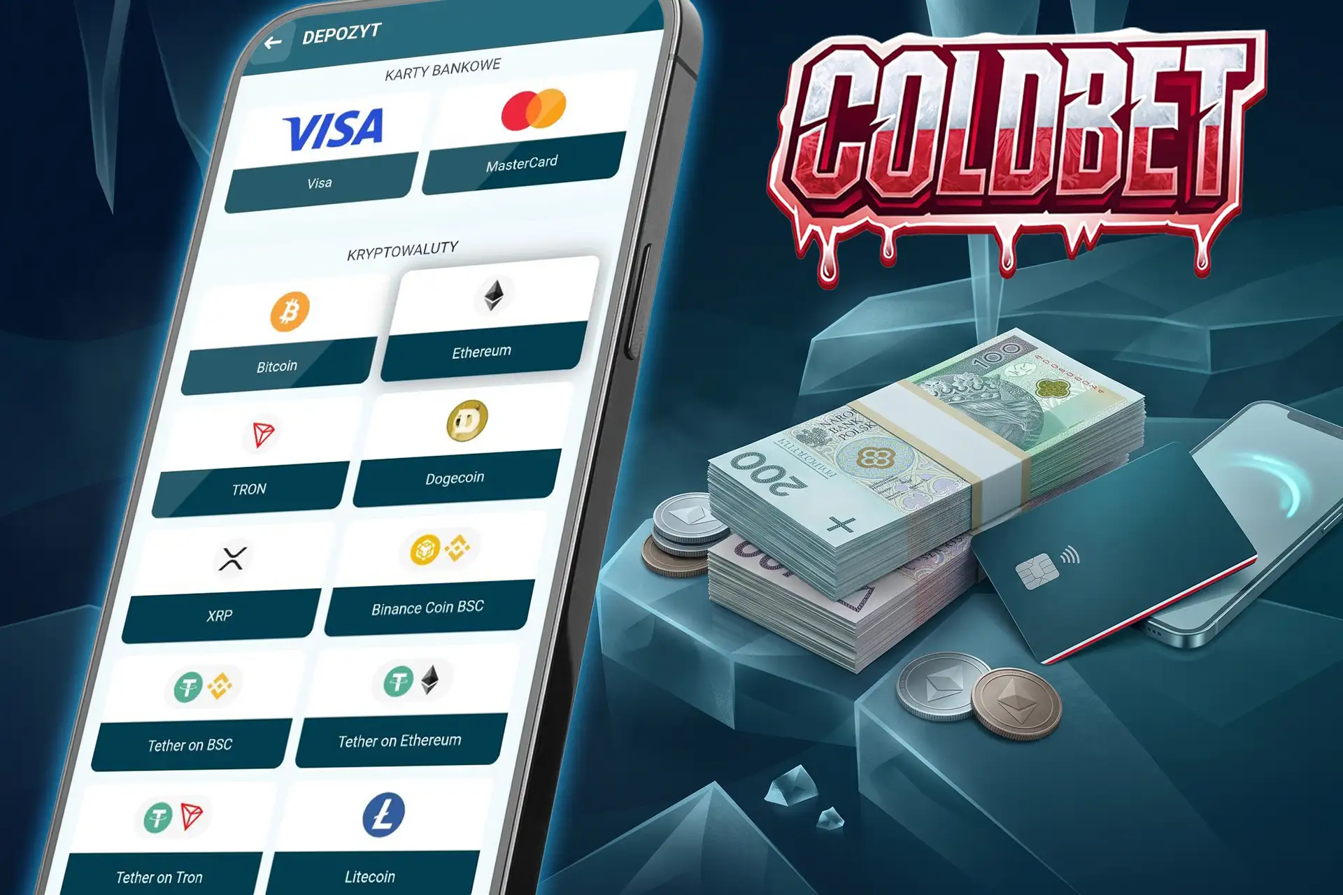 Szybkie i bezpieczne metody płatności w ColdBet, w tym karty bankowe i kryptowaluty, pokazane ze stosem polskich banknotów i cyfrowymi monetami